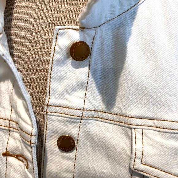 Upcycled Denim Jacket Embroidered Lace Open back beige Size XL/XXL Floral - Picture 7 of 9